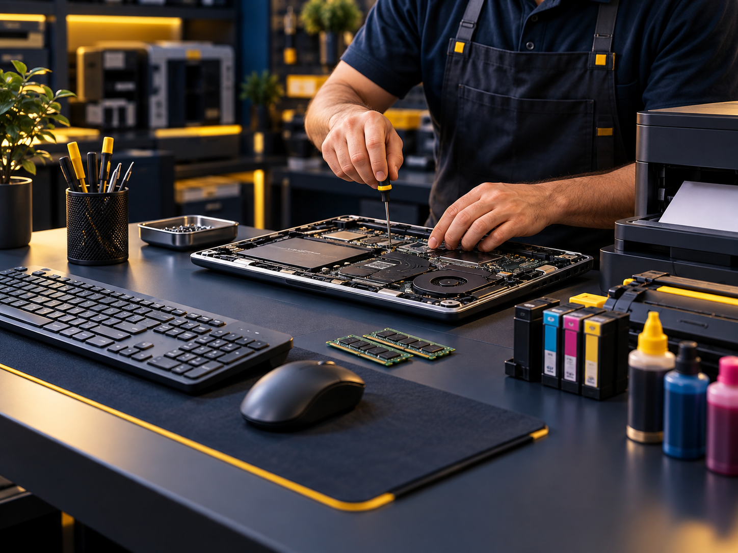 Mesa de trabajo con un notebook en reparación, teclado, mouse e insumos de impresión